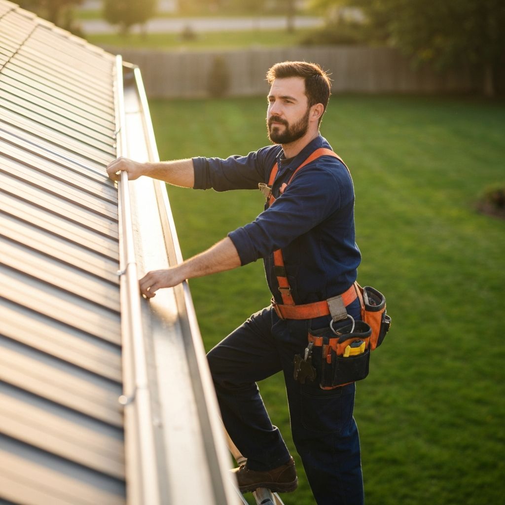 Professional gutter technician installing seamless gutters on a residential home